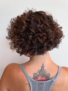 View Haircuts, Bob, Brunette, Women's Hair, Hair Color, Hair Length, Curly, Short Chin Length, Foilayage - Samantha Sellars, Valencia, CA