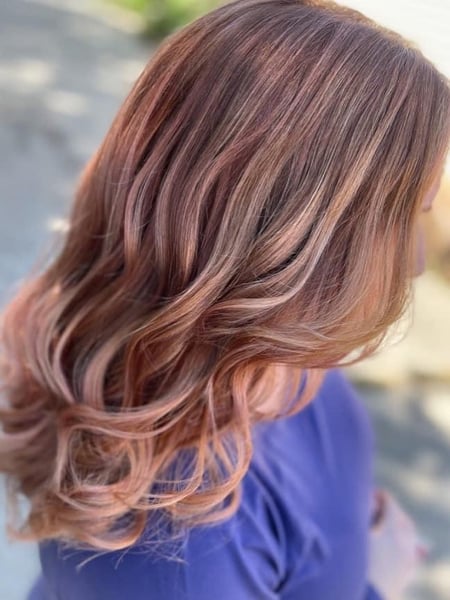 Image of  Beachy Waves, Hairstyles, Women's Hair, Brunette, Hair Color, Red, Foilayage, Highlights, Fashion Color, Balayage, Blonde