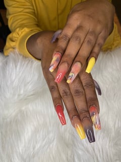 View Nails, Acrylic, Nail Finish, Dip Powder, Long, Nail Length, Purple, Nail Color, Yellow, Beige, Clear, Pink, Mix-and-Match, Nail Style, Ombré, Coffin, Nail Shape - Danielle Jarrett, Detroit, MI