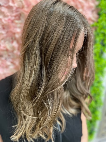 Image of  Medium Length, Hair Length, Women's Hair, Layered, Haircuts, Highlights, Hair Color, Full Color, Ombré, Blonde, Balayage, Brunette, Foilayage, Blowout, Hairstyles, Beachy Waves, Curly