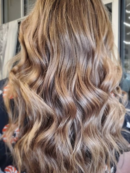 Image of  Women's Hair, Hair Color, Balayage, Color Correction, Blonde, Brunette, Foilayage, Highlights, Full Color, Medium Length, Hair Length, Blunt, Haircuts, Layered, Bangs, Beachy Waves, Hairstyles, Natural