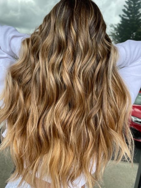 Image of  Women's Hair, Blowout, Hair Color, Balayage, Brunette, Foilayage, Highlights, Hair Length, Long, Haircuts, Curly, Layered, Beachy Waves, Hairstyles, Curly