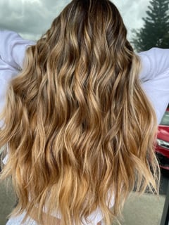 View Women's Hair, Curls, Hairstyle, Beachy Waves, Layers, Curly, Haircut, Long Hair (Mid Back Length), Hair Length, Highlights, Foilayage, Brunette Hair, Balayage, Hair Color, Blowout - Ashley Blevins, Oviedo, FL