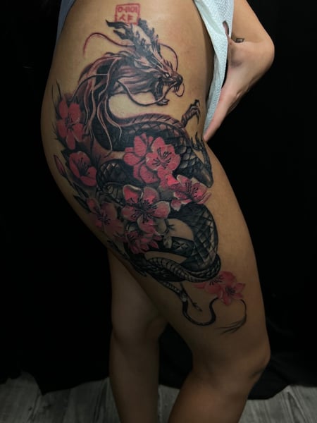 Image of  Tattoos, Tattoo Style, Tattoo Bodypart, Tattoo Colors, Japanese, Butt , Hip, Thigh, Black , Pink 