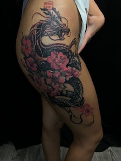 View Tattoos, Tattoo Style, Tattoo Bodypart, Tattoo Colors, Japanese, Butt , Hip, Thigh, Black , Pink  - Evander Mendez, Cleveland, OH