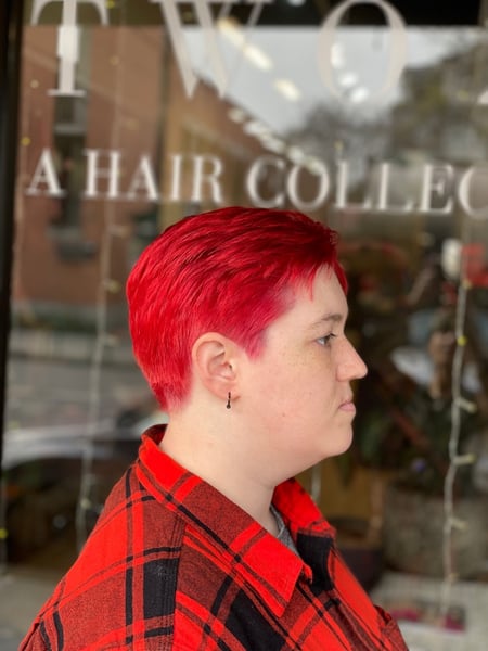 Image of  Haircuts, Red, Fashion Color, Brunette, Women's Hair, Hair Color, Hair Length, Pixie, Full Color, Short Ear Length, Short Chin Length, Shaved