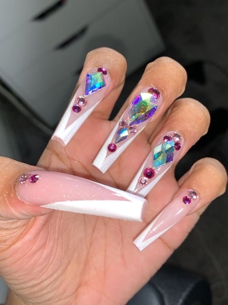 Image of  Nails, Manicure, Nail Finish, Acrylic, Gel, Nail Length, XL, Nail Color, Pastel, Pink, Nail Style, Accent Nail, Nail Jewels, Hand Painted, French Manicure, Nail Shape, Coffin