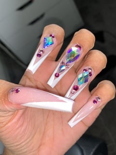 View Nails, Manicure, Nail Finish, Acrylic, Gel, Nail Length, XL, Nail Color, Pastel, Pink, Nail Style, Accent Nail, Nail Jewels, Hand Painted, French Manicure, Nail Shape, Coffin - Rawassnails, Houston, TX