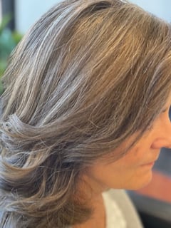 View Women's Hair, Blowout, Hair Color, Highlights, Silver, Color Correction, Hair Length, Shoulder Length, Haircuts, Bangs, Curly, Layered, Hairstyles, Braids (African American), Curly - Brenda Benfield, Severna Park, MD