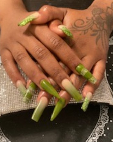 Image of  Nails, Acrylic, Nail Finish, Long, Nail Length, Green, Nail Color, Beige, Stiletto, Nail Shape, Square
