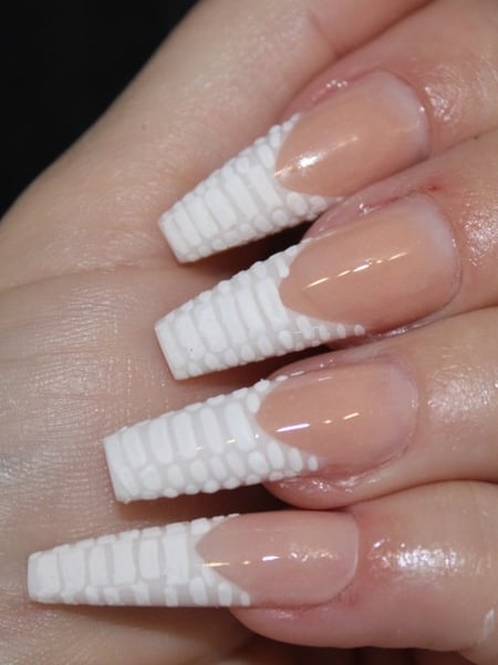 Image of  Nails, Acrylic, Nail Finish, Gel, Long, Nail Length, Nail Color, Beige, Matte, White, Nail Style, Accent Nail, French Manicure, Hand Painted, Nail Art, 3D, Ballerina, Nail Shape, Coffin, Square