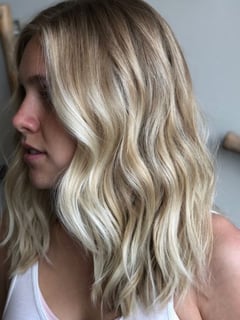 View Women's Hair, Hairstyle, Beachy Waves, Hair Length, Long Hair (Upper Back Length), Balayage, Hair Color, Blonde - Colten , Overland Park, KS