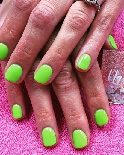 Image of  Nails, Manicure, Nail Color, Neon, Green, Gel, Nail Finish, Short, Nail Length, Square, Nail Shape