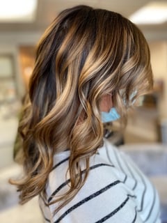 View Curls, Hairstyle, Haircut, Layers, Hair Length, Long Hair (Upper Back Length), Foilayage, Brunette Hair, Hair Color, Balayage, Women's Hair - Rachel Parr, Bedford, NH