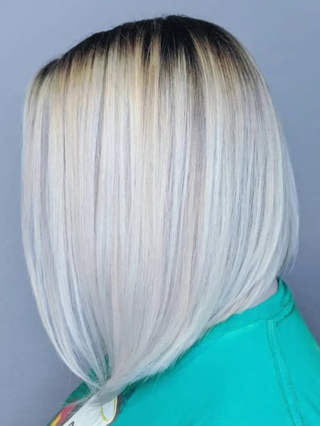 Image of  Shoulder Length, Hair Length, Women's Hair, Blowout, Hairstyles, Straight, Bob, Haircuts, Silver, Hair Color, Foilayage, Full Color, Fashion Color, Ombré, Blonde, Balayage