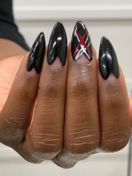 Image of  Nails, Manicure, Gel, Nail Finish, Long, Nail Length, Black, Nail Color, Glitter, Red, Hand Painted, Nail Style, Accent Nail, Stiletto, Nail Shape
