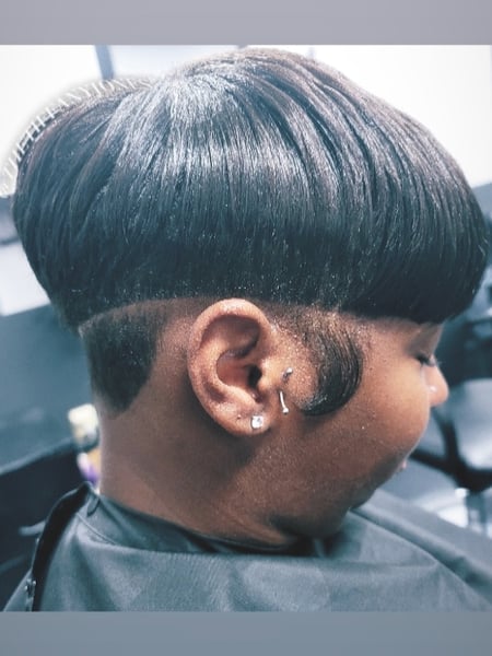 Image of  Shaved, Haircuts, Women's Hair, Straight, Hairstyles, Perm Relaxer, Perm, Black, Hair Color, Pixie, Short Ear Length, Hair Length