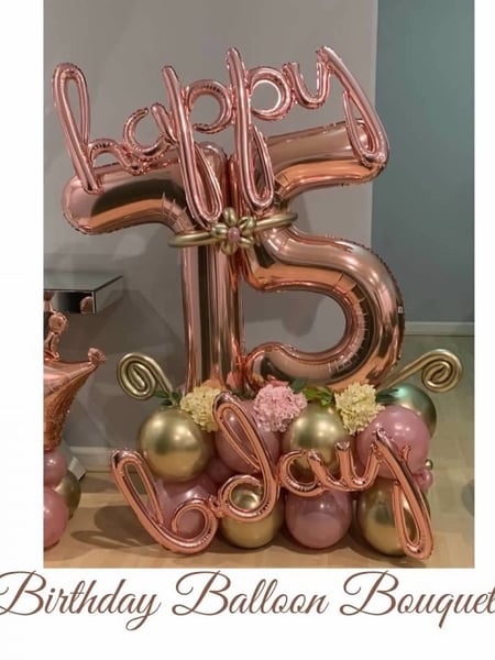 Image of  Balloon Decor, Arrangement Type, Helium Bouquet, Balloon Garland, Event Type, Birthday, Colors, Gold, Pink, Accents, Flowers