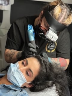 View Minimally Invasive, Layered, Curly, Haircuts, Bangs, Black, Brunette, Full Color, Ombré, Skin Pigmentation, Cosmetic, Cosmetic Tattoos, Scalp Micropigmentation, Shoulder Length, Hair Length, Hair Restoration, Hair Color, Women's Hair - Stephanie Porter, Portland, OR