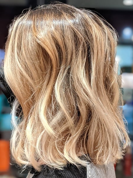 Image of  Women's Hair, Hair Color, Balayage, Blonde, Brunette, Foilayage, Highlights, Hair Length, Short Chin Length, Shoulder Length, Haircuts, Blunt, Bob, Hairstyles, Beachy Waves