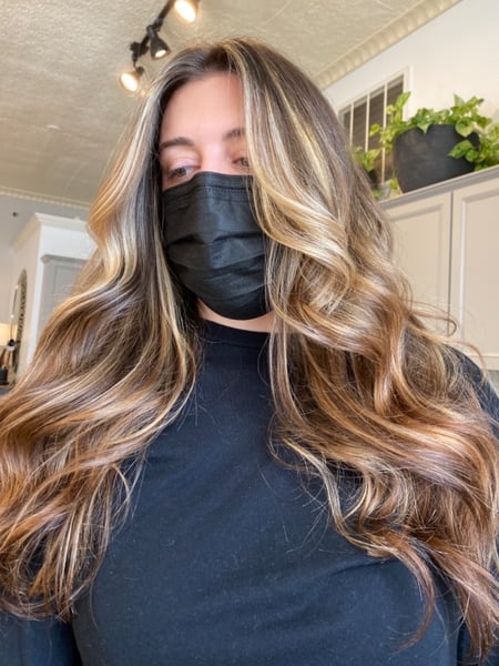 Image of  Women's Hair, Blowout, Hair Color, Balayage, Blonde, Color Correction, Foilayage, Full Color, Highlights, Ombré, Hair Length, Haircuts, Layered, Hairstyles, Beachy Waves, Curly