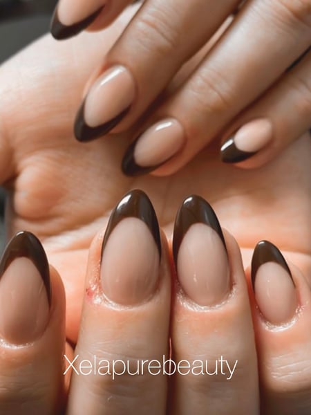 Image of  Short, Nail Length, Nails, Medium, Hand Painted, Nail Style, French Manicure, Brown, Nail Color, Beige, Gel, Nail Finish, Acrylic, Round, Nail Shape, Almond, Oval