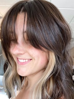 View Shoulder Length, Fashion Color, Hair Color, Women's Hair, Brunette, Hairstyles, Beachy Waves, Layered, Haircuts, Bangs, Hair Length - Payton Evans, Ogden, UT