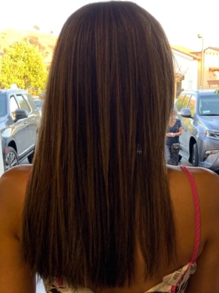Image of  Women's Hair, Hair Color, Highlights, Brunette, Hair Texture, 4A, Permanent Hair Straightening, Silk Press