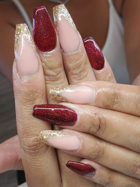 Image of  Nails, Gel, Nail Finish, Medium, Nail Length, Long, Gold, Nail Color, Red, Glitter, Hand Painted, Nail Style, French Manicure, Reverse French, Coffin, Nail Shape