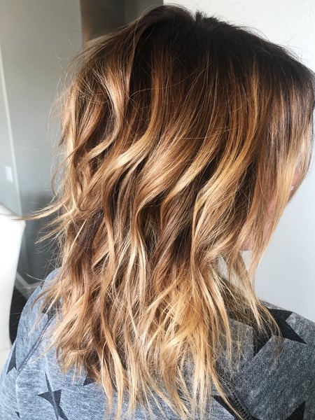Image of  Women's Hair, Balayage, Hair Color, Blonde, Brunette, Foilayage, Highlights, Red, Shoulder Length, Hair Length, Layered, Haircuts, Beachy Waves, Hairstyles