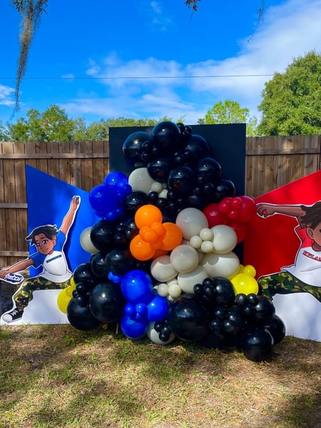 Image of  Balloon Decor, Arrangement Type, Balloon Wall, Balloon Garland, Event Type, Birthday, Colors, Black, Blue, Red, Accents, Characters