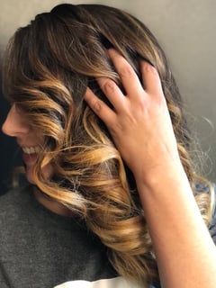 View Curly, Bridal, Hairstyles, Beachy Waves, Haircuts, Layered, Hair Length, Medium Length, Foilayage, Brunette, Blonde, Balayage, Hair Color, Women's Hair - Lay’la Zhané, Euless, TX