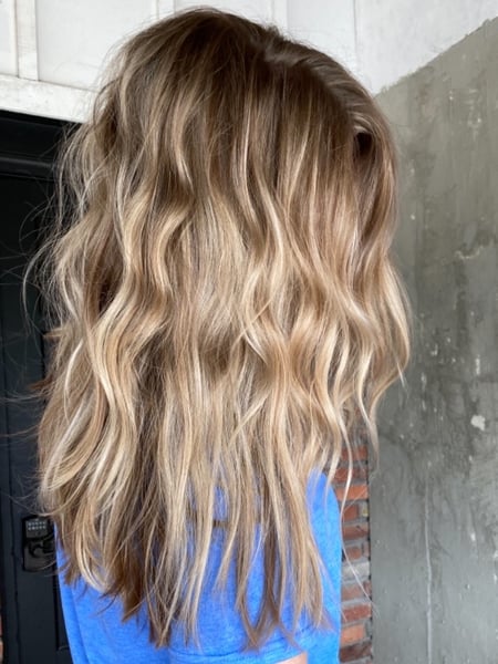 Image of  Women's Hair, Blowout, Balayage, Hair Color, Brunette Hair, Foilayage, Blonde, Highlights, Long Hair (Mid Back Length), Hair Length, Layers, Haircut, Beachy Waves, Hairstyle