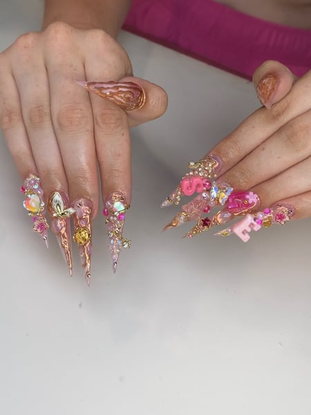 Image of  Nails, Acrylic, Pink, Airbrush, 3D, Hand Painted, Nail Style, Nail Color, Nail Jewels, Nail Length, Manicure, Nail Finish, Mirrored, Stiletto, Mix-and-Match, Gold, Nail Shape, XL, Nail Service Type