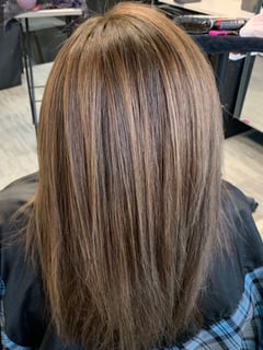 View Women's Hair, Hairstyles, Straight, Layered, Haircuts, Blunt, Hair Length, Long, Highlights, Brunette, Hair Color - Cae Andrews, Henderson, NV