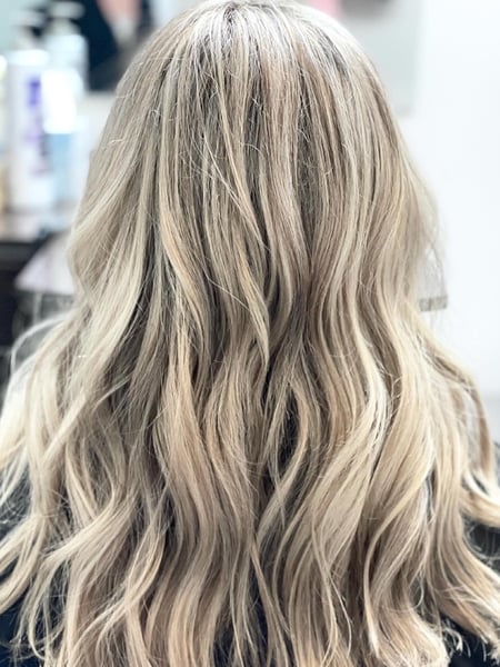 Image of  Women's Hair, Blowout, Hair Color, Foilayage, Blonde, Long, Hair Length, Haircuts, Hairstyles, Beachy Waves