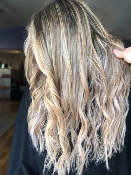 Image of  Women's Hair, Balayage, Hair Color, Blonde, Brunette Hair, Foilayage, Highlights, Ombré, Long Hair (Mid Back Length), Hair Length, Layers, Haircut, Beachy Waves, Hairstyle, Curls