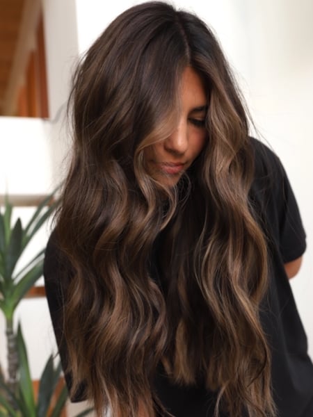 Image of  Women's Hair, Balayage, Hair Color, Brunette, Foilayage, Highlights, Beachy Waves, Hairstyles, Curly