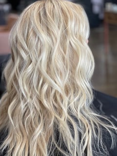 View Long Hair (Mid Back Length), Hairstyle, Beachy Waves, Haircut, Layers, Hair Length, Highlights, Full Color, Blonde, Hair Color, Women's Hair - Stacie McRae, Cumming, GA