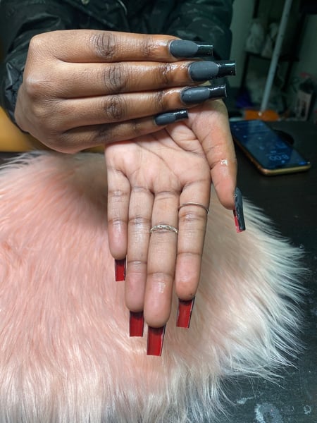 Image of  Long, Nail Length, Nails, Mix-and-Match, Nail Style, Hand Painted, French Manicure, Nail Color, Black, Matte, Acrylic, Nail Finish, Edge, Nail Shape