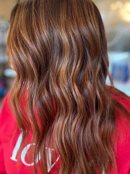 Image of  Women's Hair, Hair Color, Highlights, Red, Long, Hair Length, Layered, Haircuts, Beachy Waves, Hairstyles