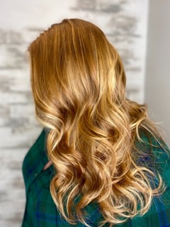 View Curls, Women's Hair, Balayage, Hair Color, Blonde, Foilayage, Red, Long Hair (Mid Back Length), Hair Length, Layers, Haircut, Beachy Waves, Hairstyle - Rachel Parr, Bedford, NH
