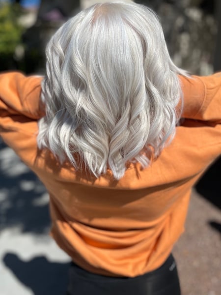 Image of  Women's Hair, Hairstyles, Hair Color, Highlights, Color Correction, Blonde, Fashion Color, Haircuts, Layered, Silver, Short Chin Length, Hair Length, Beachy Waves