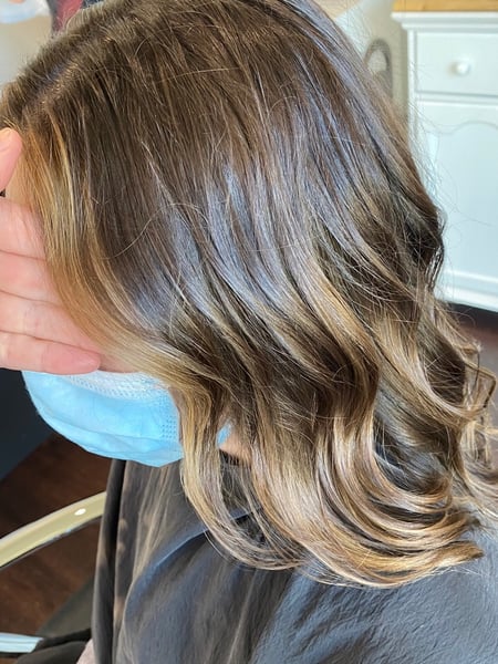 Image of  Women's Hair, Blowout, Hair Color, Balayage, Brunette, Full Color, Highlights, Ombré, Shoulder Length, Hair Length, Short Chin Length, Blunt, Haircuts, Layered, Beachy Waves, Hairstyles