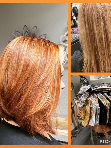Image of  Women's Hair, Hair Color, Red, Blonde, Shoulder Length, Hair Length, Bob, Haircuts