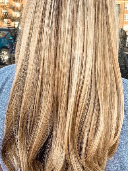 Image of  Women's Hair, Balayage, Hair Color, Blonde, Long, Hair Length, Blunt, Haircuts