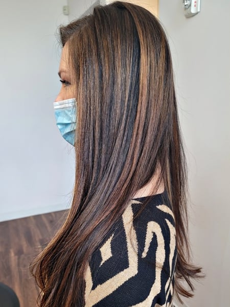 Image of  Women's Hair, Blowout, Hair Color, Balayage, Black, Brunette, Foilayage, Highlights, Hair Length, Long, Haircuts, Layered, Hairstyles, Straight