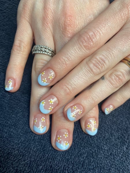 Image of  Manicure, Nails, Medium, Nail Length, Nail Art, Nail Style, French Manicure, Hand Painted, White, Nail Color, Yellow, Blue, Gel, Nail Finish, Almond, Nail Shape