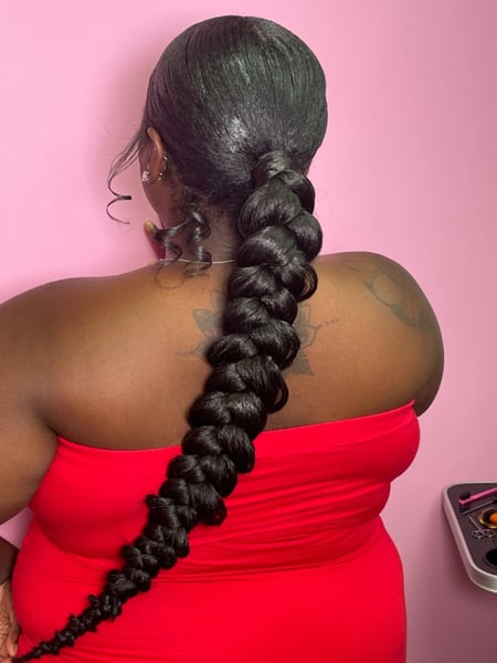 Image of  Women's Hair, Black, Hair Color, Long Hair (Mid Back Length), Hair Length , Curly, Haircut , Braids (African American), Hairstyle, Braid (Boho Chic), 4A, Hair Texture