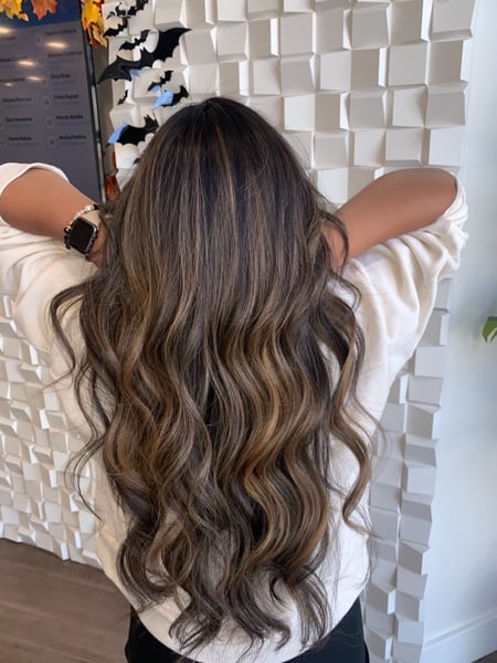 Image of  Women's Hair, Blowout, Hair Color, Balayage, Brunette Hair, Foilayage, Full Color, Hair Length, Layers, Haircut, Beachy Waves, Hairstyle
